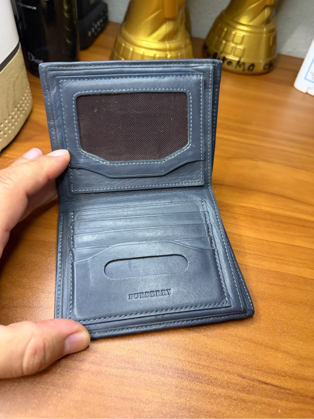 Burberry Blue Leather Bi-Fold Card Holder with ID Window